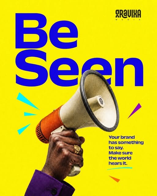 Bright yellow and blue Gravixa Be Seen poster featuring a megaphone